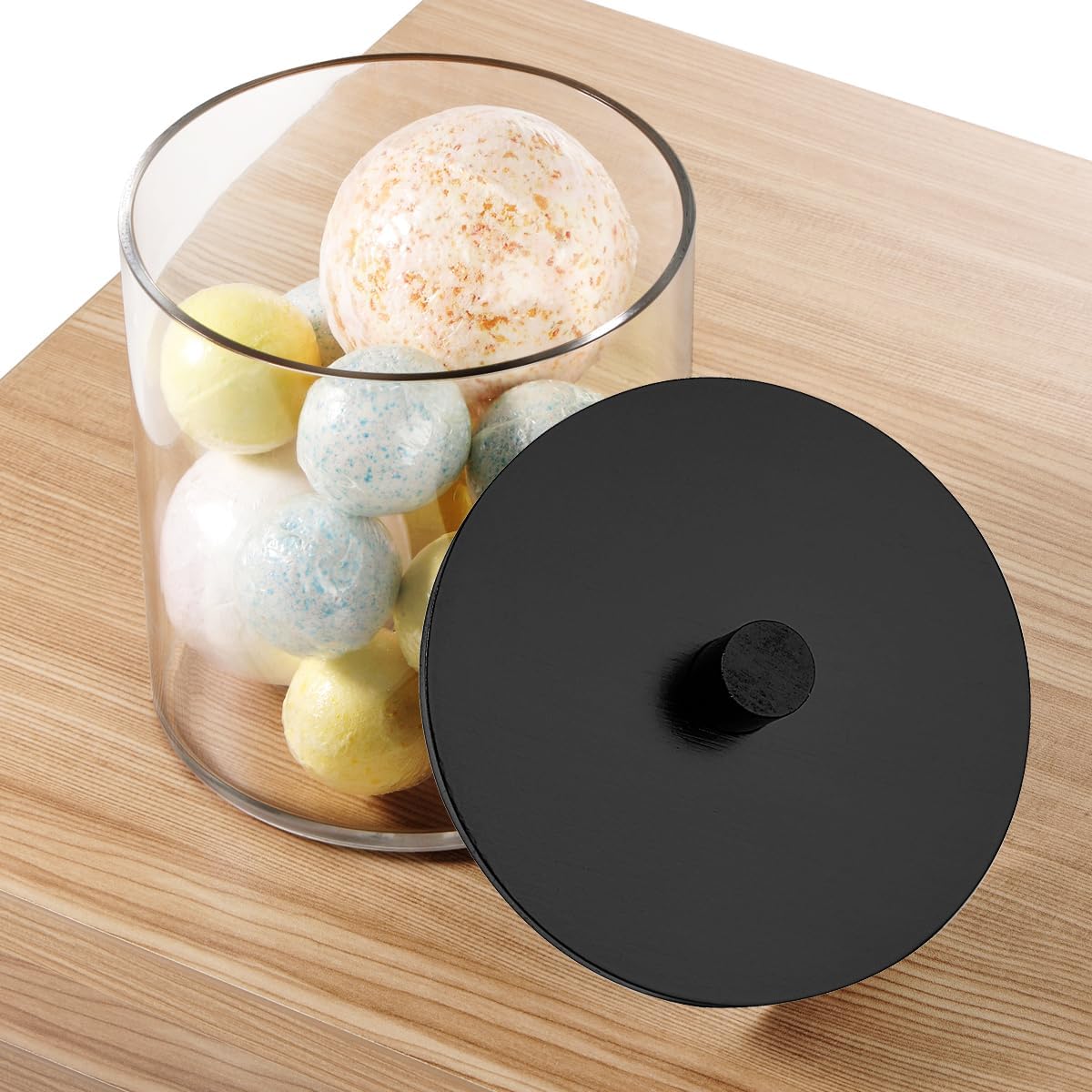 SheeChung 2 Pack 50 Oz Large Apothecary Jar with Bamboo Lid, Laundry Pods Container, Storage Jars for Bathroom Organization, Plastic Canisters with Cute Stickers Spoons(Black)