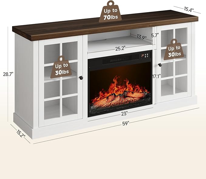 ONBRILL 59 Inch Fireplace TV Stand, Entertainment Center with 23 Inch Electric Fireplace, TV Table for TVs up to 65 Inches, Media Console Cabinet with Storage and Glass Doors for Living Room, White