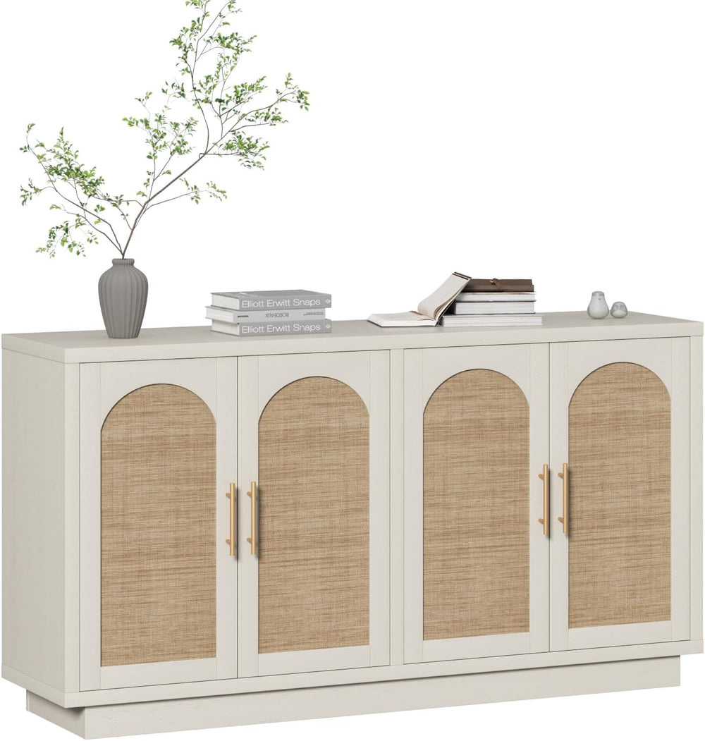 59" Rattan Sideboard Buffet Cabinet with Storage, 4 Arched Doors