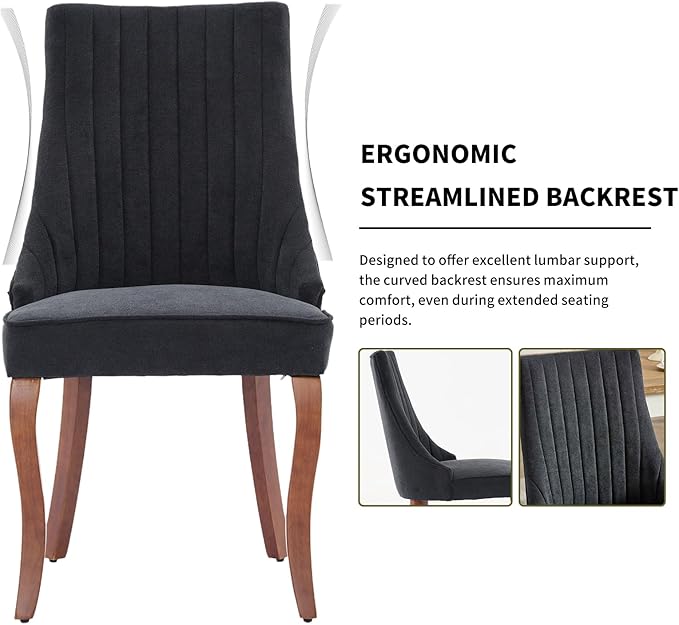 Modern Dining Chairs Set of 2, Mid Century Kitchen & Dining Room Chairs, Fabric Upholstered Kitchen Chairs with Wood Legs, Sillas de Comedor, Easy Assembly, Black, 2 Pieces