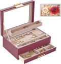 Lolalet Jewelry Organizer with Glass Lid, 2-Layer Jewelry Box Case with Drawer, Earrings Watch Ring Display Storage -Wine Red
