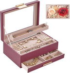 Lolalet Jewelry Organizer with Glass Lid, 2-Layer Jewelry Box Case with Drawer, Earrings Watch Ring Display Storage -Wine Red