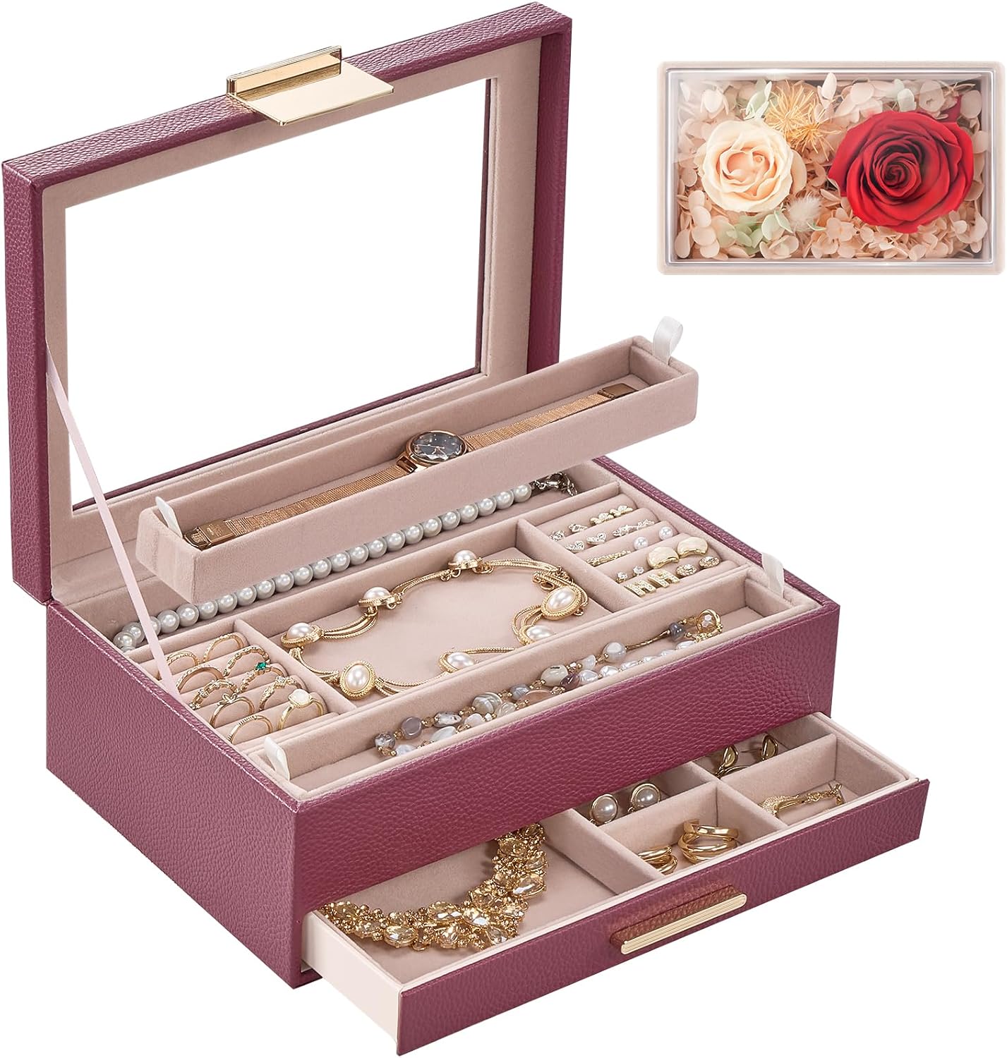 Lolalet Jewelry Organizer with Glass Lid, 2-Layer Jewelry Box Case with Drawer, Earrings Watch Ring Display Storage -Wine Red