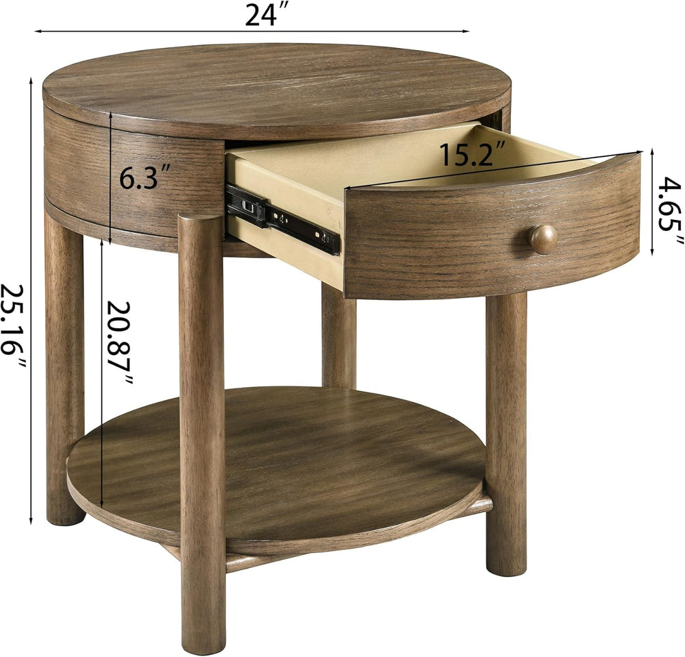 Solid Wood 24" Round End Table with Drawer, 2-Tier Small Sofa Side Table...