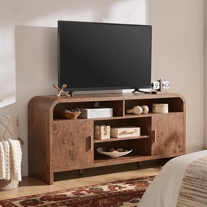 TV Stand for TVs Up to 65'' - [Unique Curved Profile, FSC-Certified Wooden Board] Entertainment Center with Adjustable Shelves and Storage Cabinet Modern Media Console for Living Room