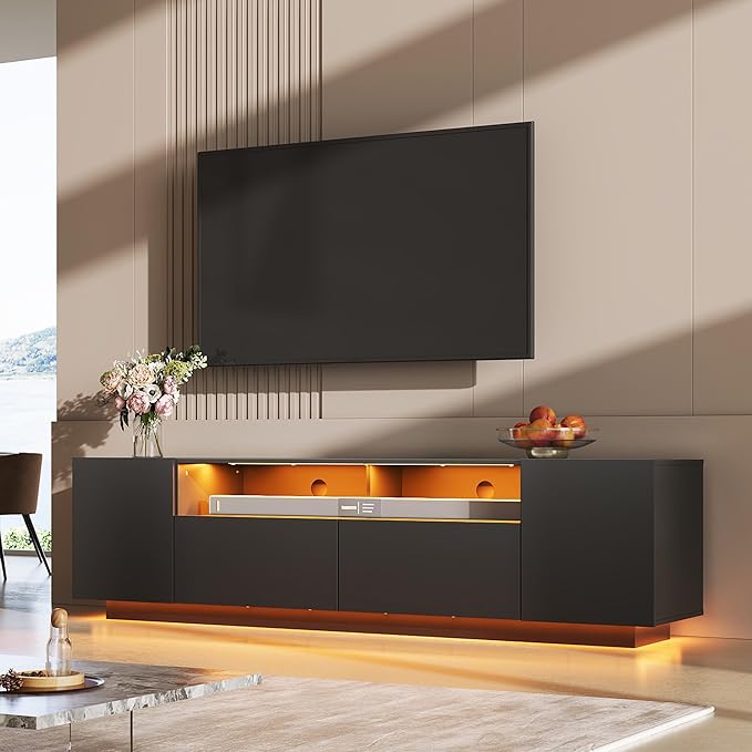 WLIVE LED TV Stand with Large Storage Cabinet, Modern Entertainment Center for 55/60/65/70/75 Inch TVs, Sturdy TV Console for Living Room, Bedroom,Rec Room(Black)