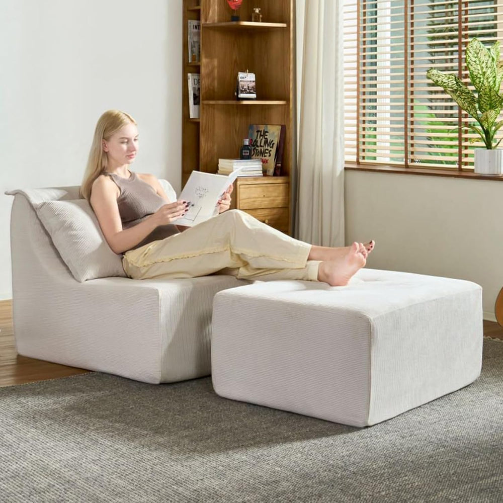61 Inch Chaise Lounge Chair Indoor with Ottoman, Corduroy Upholstered Chaise ...