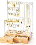 DreamGenius Jewelry Organizer Stand with 2 Velvet Ring Holder Drawers, 5 Tier Jewelry Holder Organizer with 11 Hooks for Necklaces and 145 Holes for Earrings, White