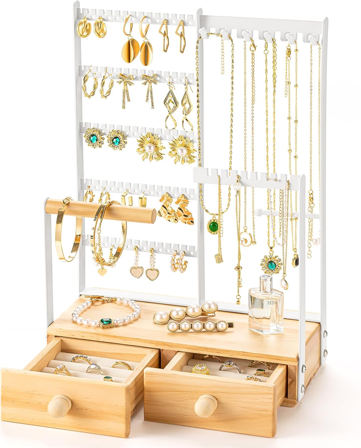 DreamGenius Jewelry Organizer Stand with 2 Velvet Ring Holder Drawers, 5 Tier Jewelry Holder Organizer with 11 Hooks for Necklaces and 145 Holes for Earrings, White