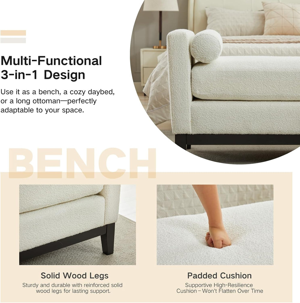 End of Bed Bench for Bedroom, 66.34'' Boucle Fabric Long King Size Be...