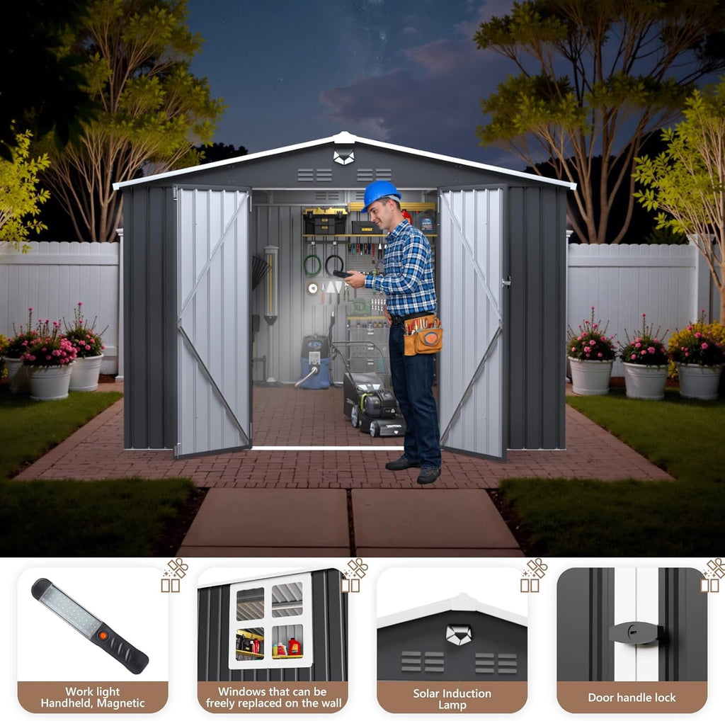 10x12 FT Outdoor Storage Shed, Metal Garden Shed - Tool Storage Sheds with Lockable Doors & 1 Clear Window, Waterproof Outside Storage Building for Backyard, Patio (Black; Floor Not Included)