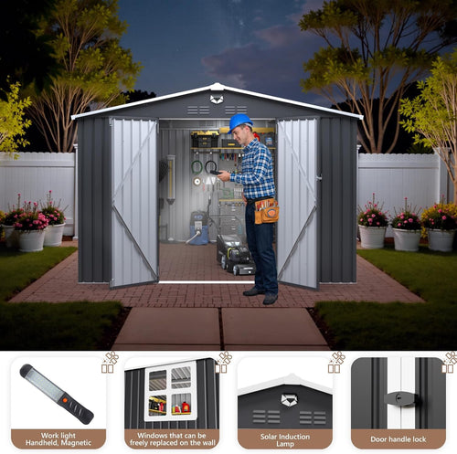 10x12 FT Outdoor Storage Shed, Metal Garden Shed - Tool Storage Sheds with Lockable Doors & 1 Clear Window, Waterproof Outside Storage Building for Backyard, Patio (Black; Floor Not Included)