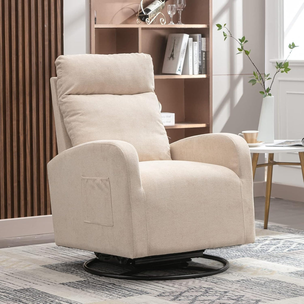 LUCKHAO Swivel Rocking Chair，Nursery Swivel Glide Armchair Linden Fabric Upholstered Modern Rocking Chairs with High Backrest for Nursery, Bedroom, Living Room（Beige