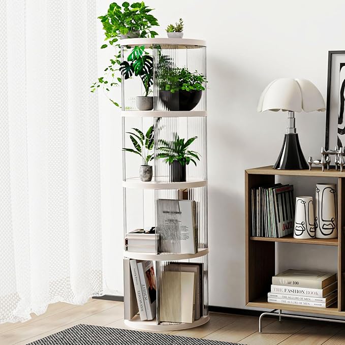 4 Tier Rotating Bookshelf, Small Corner Bookshelf for Small Space, 360 Display Floor Standing Bookcase, Plastic Narrow Book Organizer Shelf for Bedroom, Living Room, Round, White, Lazy Susan