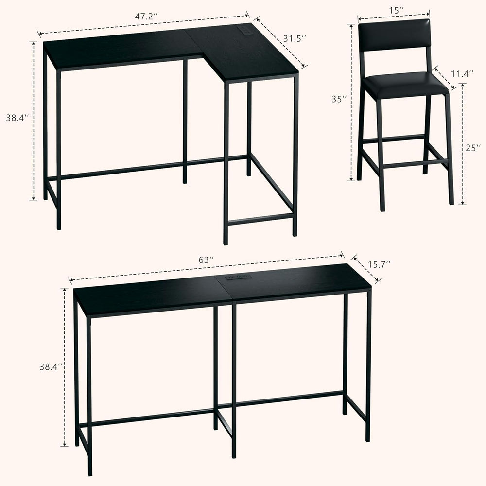HUAHUU Bar Table and Chairs Set for 2-4, 63'' Convertible L-Shaped Ki...