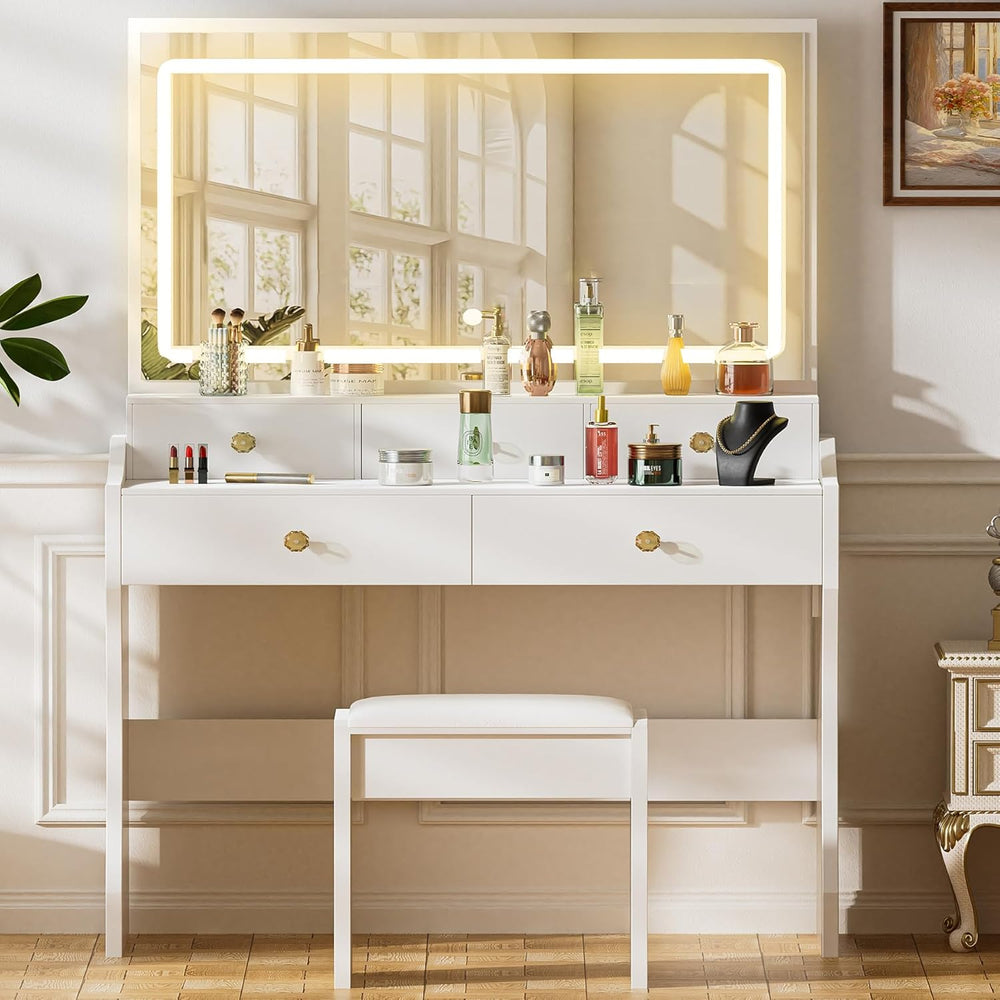 COMHOMA Makeup Vanity Desk with Mirror and Lights, Vanity Table and Chair Set...