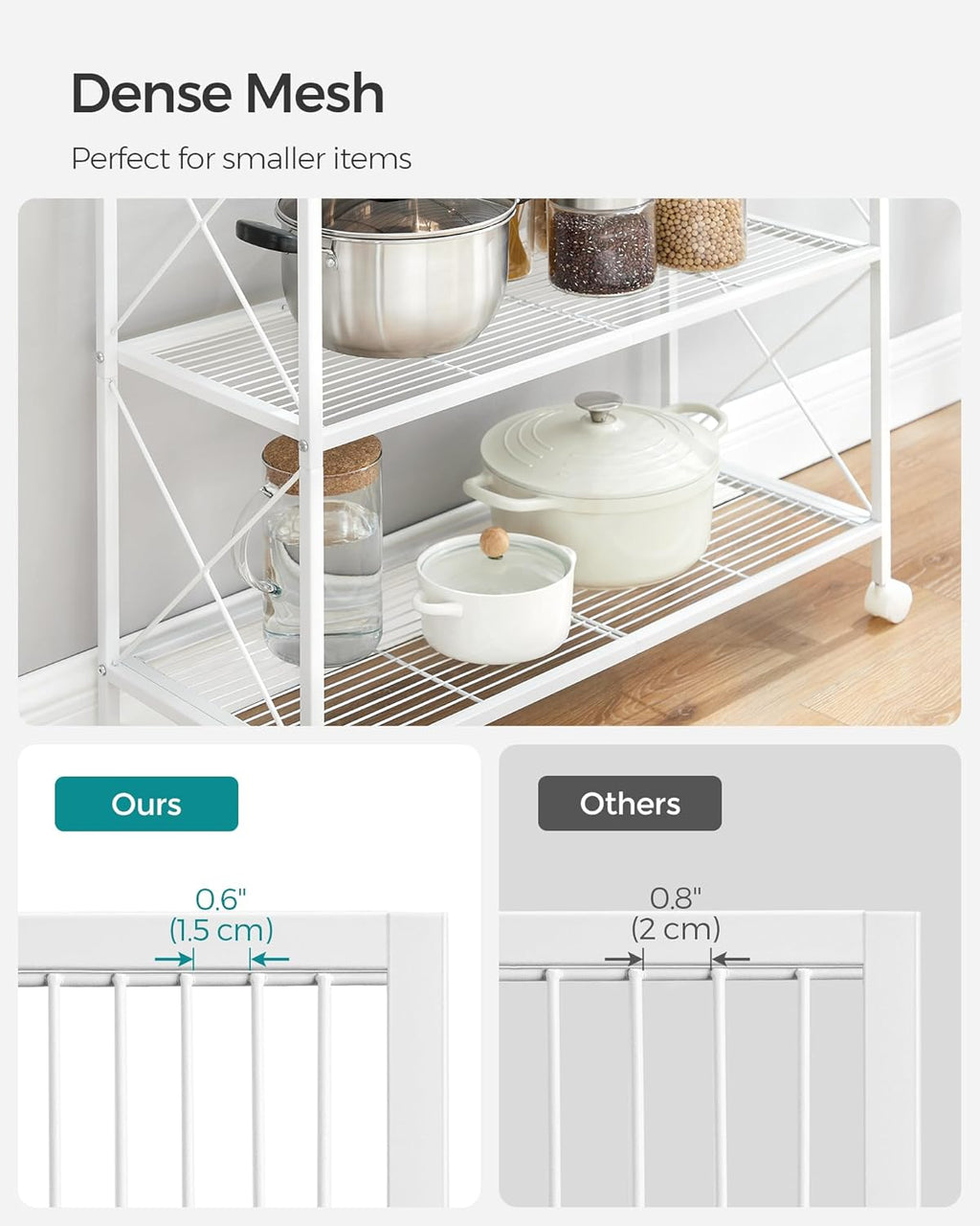 SONGMICS 3-Tier Metal Storage Rack with Wheels, Mesh Shelving Unit with X Side Frames, 31.5-Inch Width, for Entryway, Kitchen, Living Room, Bathroom, Industrial Style, White UBSC183W01
