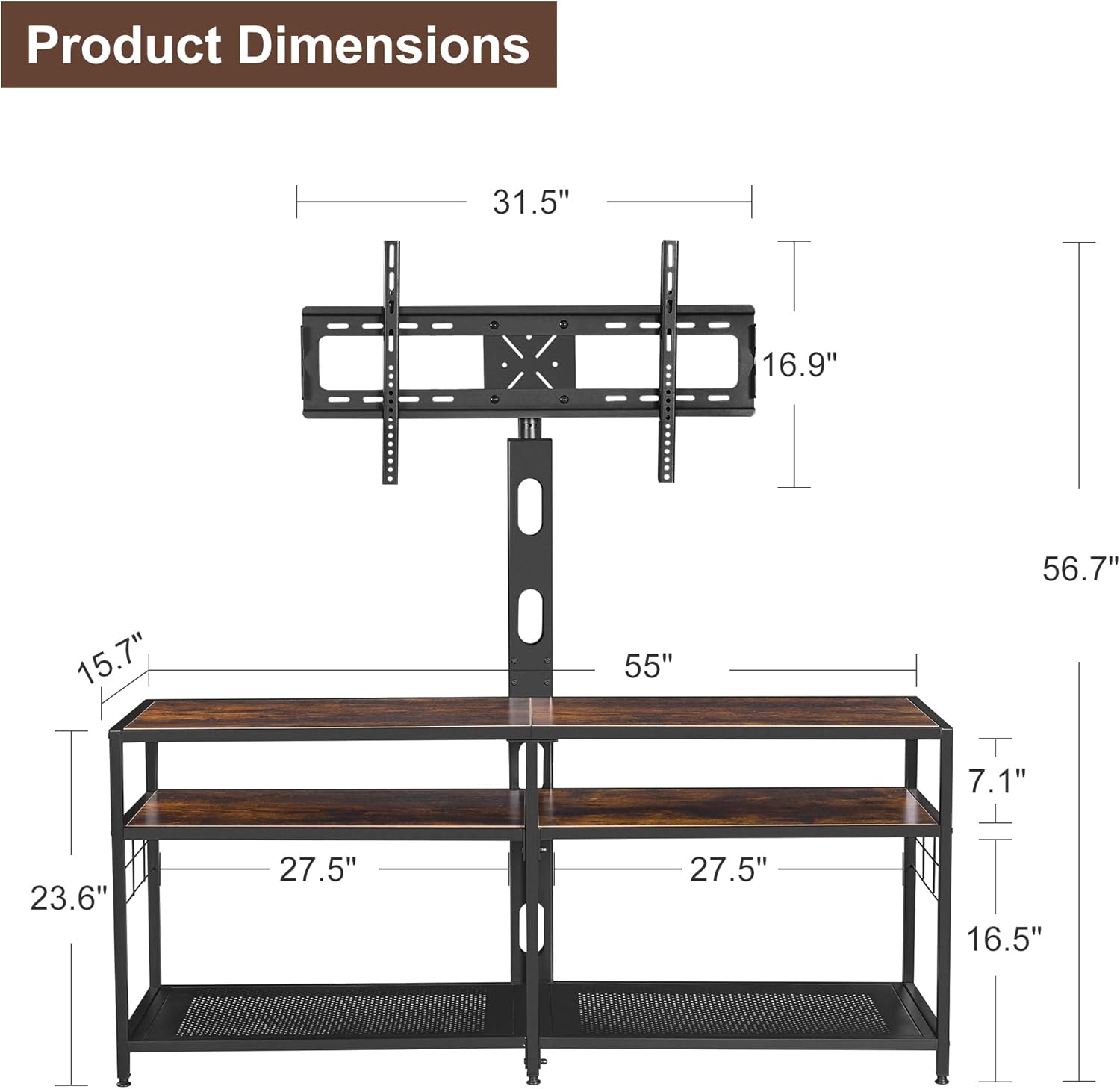 VECELO TV Stand with Mount, Universal Swivel TV Console for 32-75 inch TVs, 55" Entertainment Center with Storage Shelves, for Living Room, Bedroom, Rustic Brown