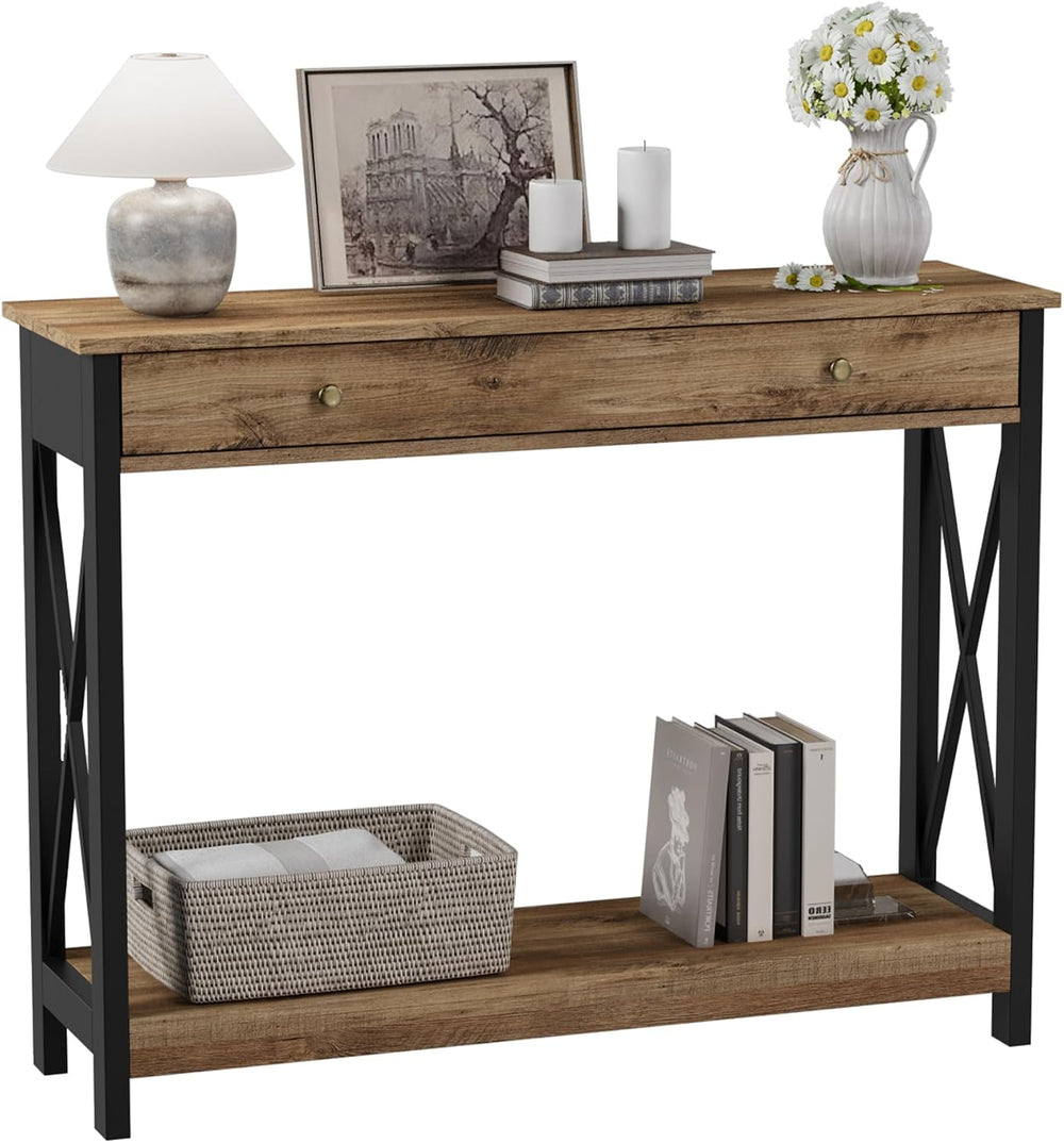 Treocho 40" Farmhouse Console Table with Drawer and Storage Shelves | En...