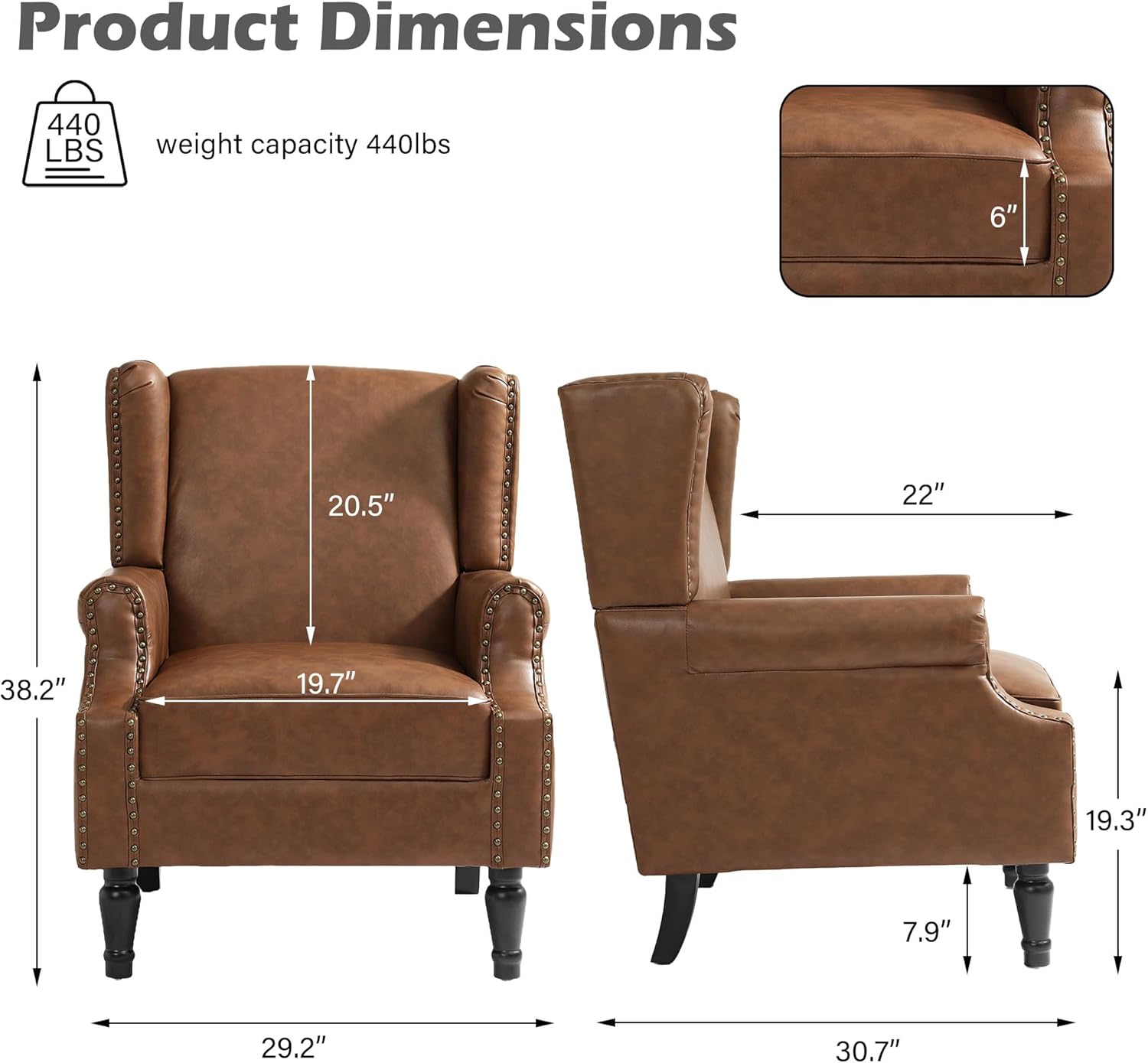 High Back Accent Chairs Set of 2, Faux Leather Wingback Armchair | Modern Upholstered Reading Seat with Removable Cushion | Comfy Nailhead Trim Single Sofa for Living Room, Bedroom - Brown