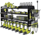 Power Tool Organizer Wall Mount with Charging Station,Cordless Tool Organizer 8 Drill Holder, 4 Layer Storage Rack for Garage Organization,Tool Holder with 8 Outlet Power Strip (Black)