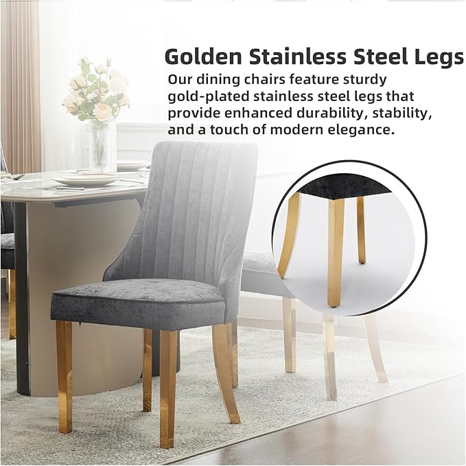 Dining Chairs Set of 2，Modern Channel Tufted Upholstered Dining Chairs with Golden Stainless Steel Legs, Comfortable Chenille Fabric Kitchen Chairs for Dining Room (Black, 2pc)