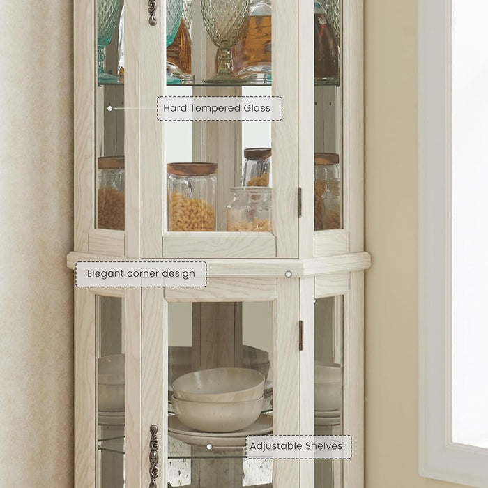 Corner Curio Cabinet, 70.5" Lighted Glass Display Case with 5 Adjustable Tempered Glass Shelves, Light Bulb Included, Wine Cabinet Rack for Bar and Liquor Storage (White)