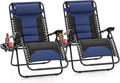 PHI VILLA Zero Gravity Chair Set of 2, Padded Anti Gravity Recliner, Oversized 28" Wide Seat, Foldable Patio Lounger with Armrest & Cup Holder, Supports 400 LBS (Blue Black)