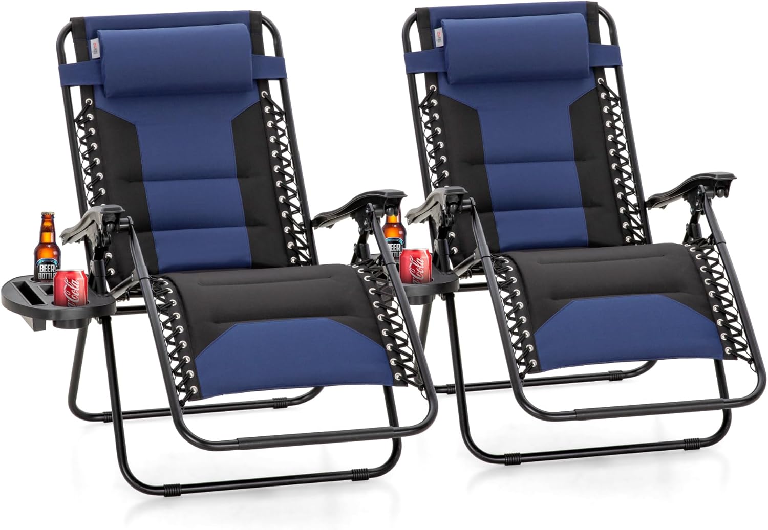 PHI VILLA Zero Gravity Chair Set of 2, Padded Anti Gravity Recliner, Oversized 28" Wide Seat, Foldable Patio Lounger with Armrest & Cup Holder, Supports 400 LBS (Blue Black)