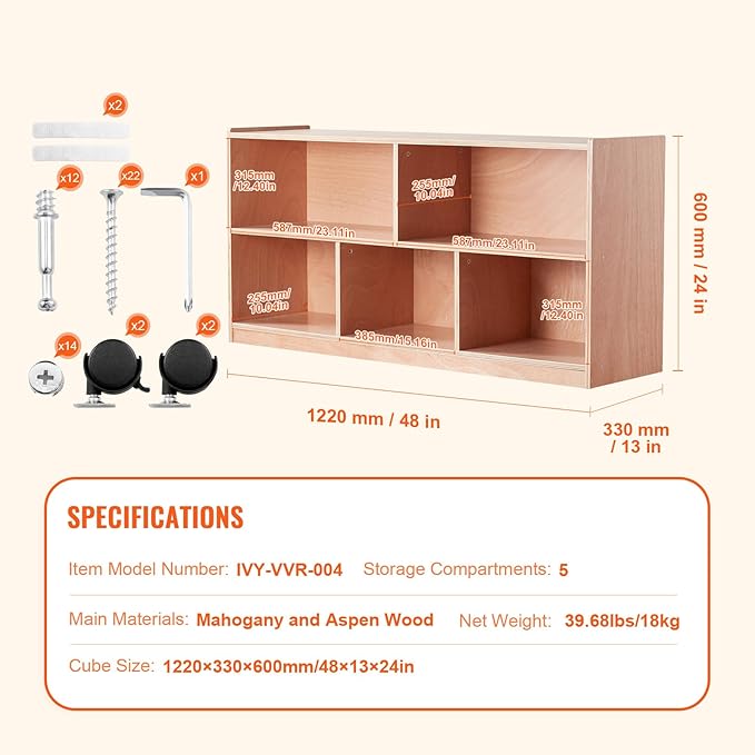 VEVOR Cubby Toy Organizer Storage Cabinet, 5-Compartment Cubby Storage Shelf, 48''W Kids Toy Storage Cabinet 2-Shelf, Classroom Cubbies, Classroom Furniture for Home, Daycare and Preschool, Natural