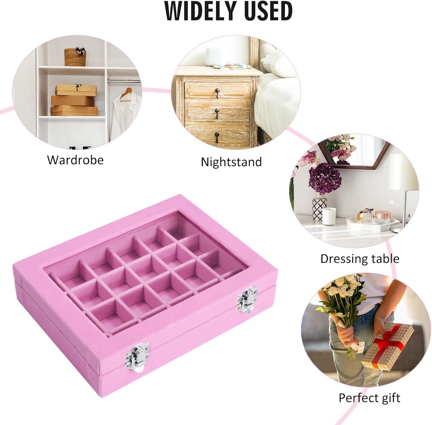 Vicoter Velvet Jewelry Box 24 Grid Jewelry Ring Display Organiser Box Tray Holder Earrings Storage Case for Girls Wife Mom Women (Pink)