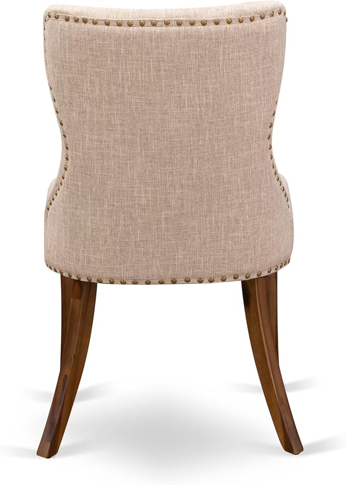 NESI9-AWA-04-9-Piece Dining Table Set Consists of a Modern Kitchen Table and 8 Light Tan Linen Fabric Dining Chairs with Button Tufted Back - Antique Walnut Finish