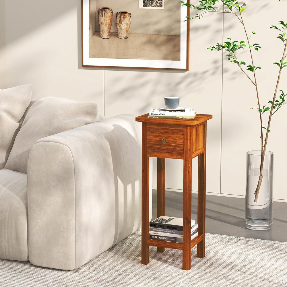 Giantex Narrow End Table with Drawer Set of 2, Tall Acacia Wood Side Table wi...