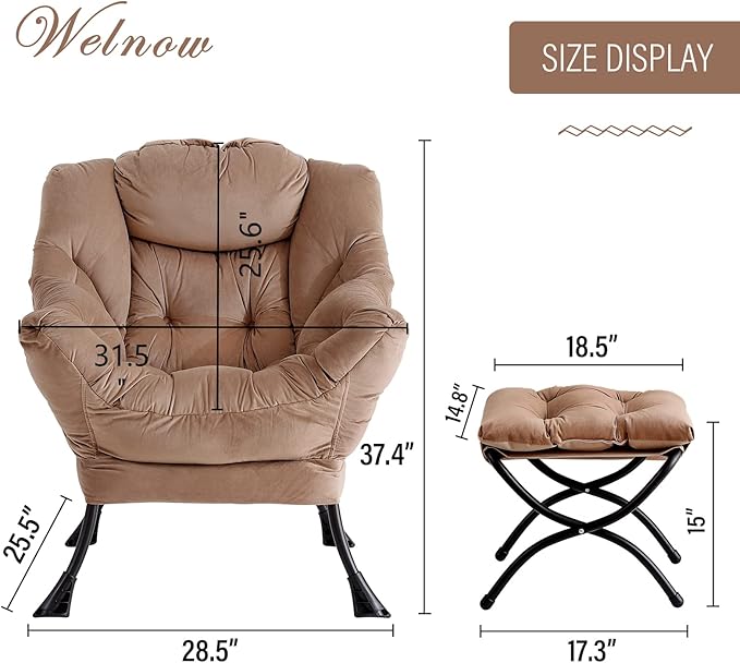 Welnow Lazy Chair with Ottoman, Modern Lounge Accent Chair with Armrests and a Side Pocket, Leisure Sofa Chair Set, Reading Chair with Footrest for Small Space, Corner Chair, Dark Brown
