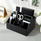 Remote Control Holder with 5 Compartments for Office Art Supplies, PU Leather Nightstand Organizer Pencil Pen Desk Caddy for Home, Desktop TV Remote Control Organizer Storage (Black)