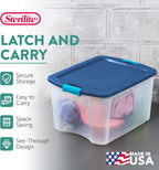 Sterilite 18 Gal Latch and Carry, Stackable Storage Bin with Latching Lid, Plastic Container to Organize Closets, Clear with Blue Lid, 6-Pack