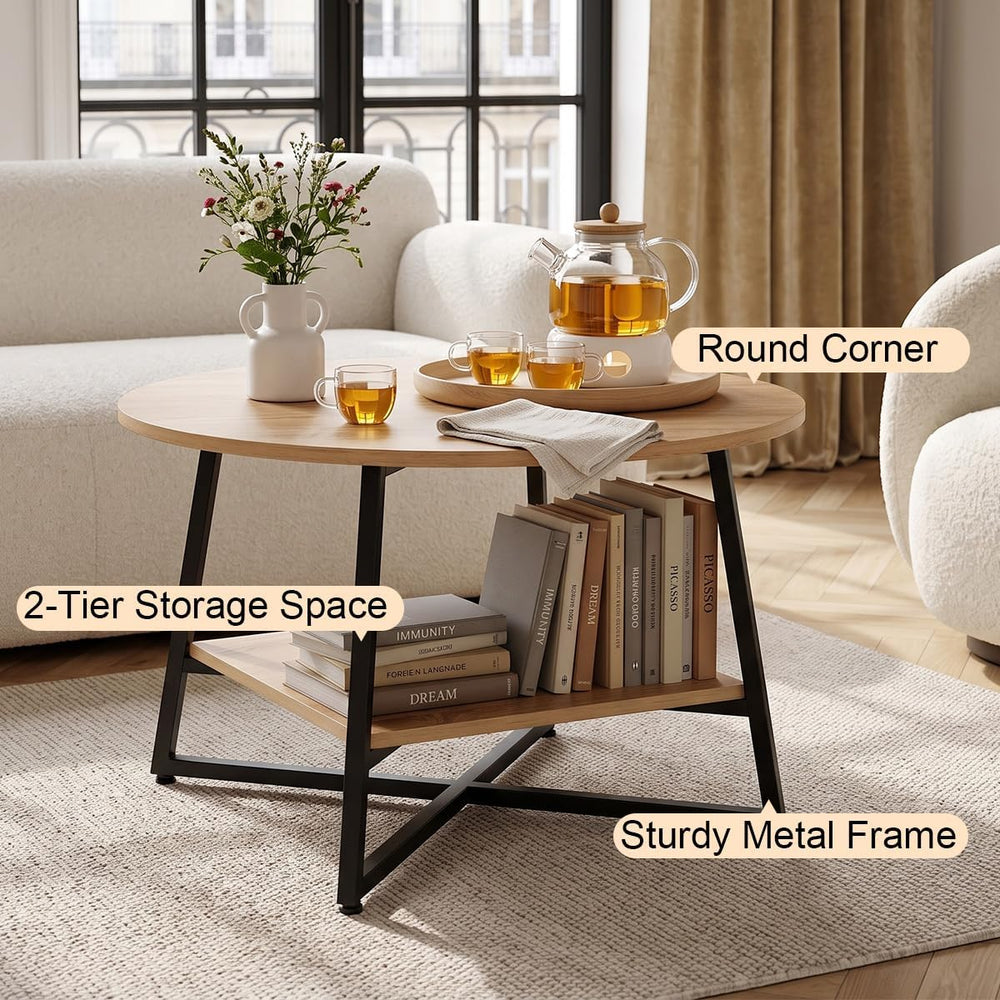 YANPU Round Coffee Table, 2-Tier Wood Coffee Table with Storage Shelf, Modern...