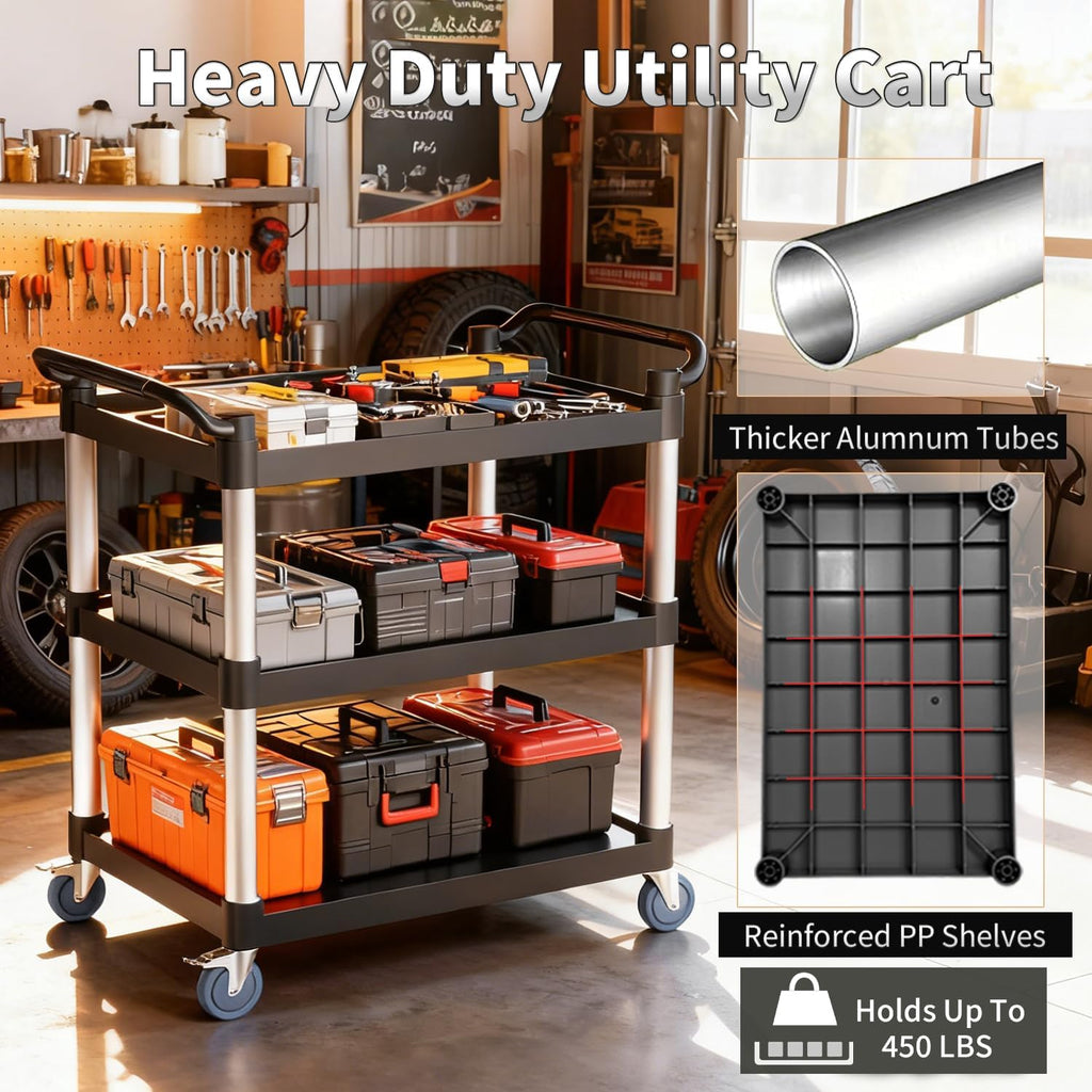 3 Tier Rolling Cart with Hair-Proof Wheels, Plastic Utility Service Cart, Heavy Duty 450 Lbs Capacity, Solid Handle,Commercial Serving Cart for Home/Office/Restaurant/Warehouse.40×19.7"×38"
