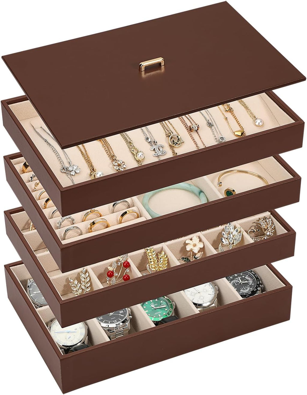 Voova Stackable Jewelry Organizer Tray with Lid, PU Leather Jewelry Storage Holder for Drawer Inserts, Jewellery Display Box Case for Earring Necklace Ring Watch Bracelet (Set of 4, Caramel Brown)