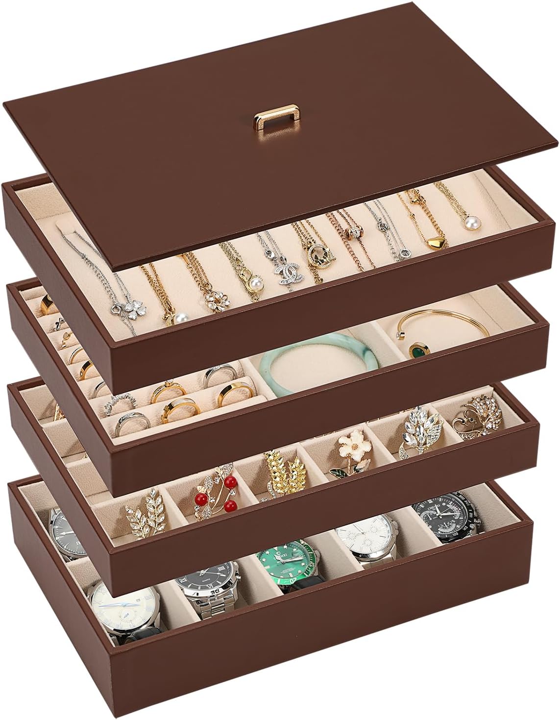 Voova Stackable Jewelry Organizer Tray with Lid, PU Leather Jewelry Storage Holder for Drawer Inserts, Jewellery Display Box Case for Earring Necklace Ring Watch Bracelet (Set of 4, Caramel Brown)