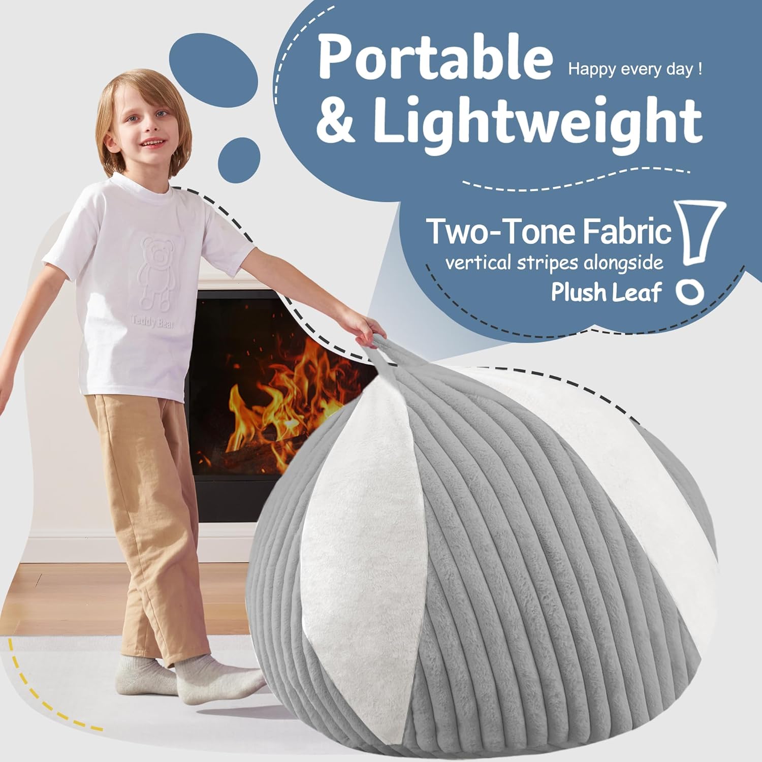 HABUTWAY 2FT Bean Bag Chairs Teardrop Beanbag Chair with Memory Foam Filled Soft Plush Leaf alongside Stripe Faux Fur Washable Cover for Dorm, Bedroom(Plush LGY/WH)