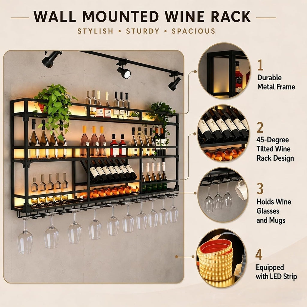 31Inch Metal Wall-Mounted Wine Rack with LED Light - 3 Tier Wine Storage Display Rack with Glass Holder - Space-Saving Bottle Display Shelf for Home Bars, Dining Rooms, Black