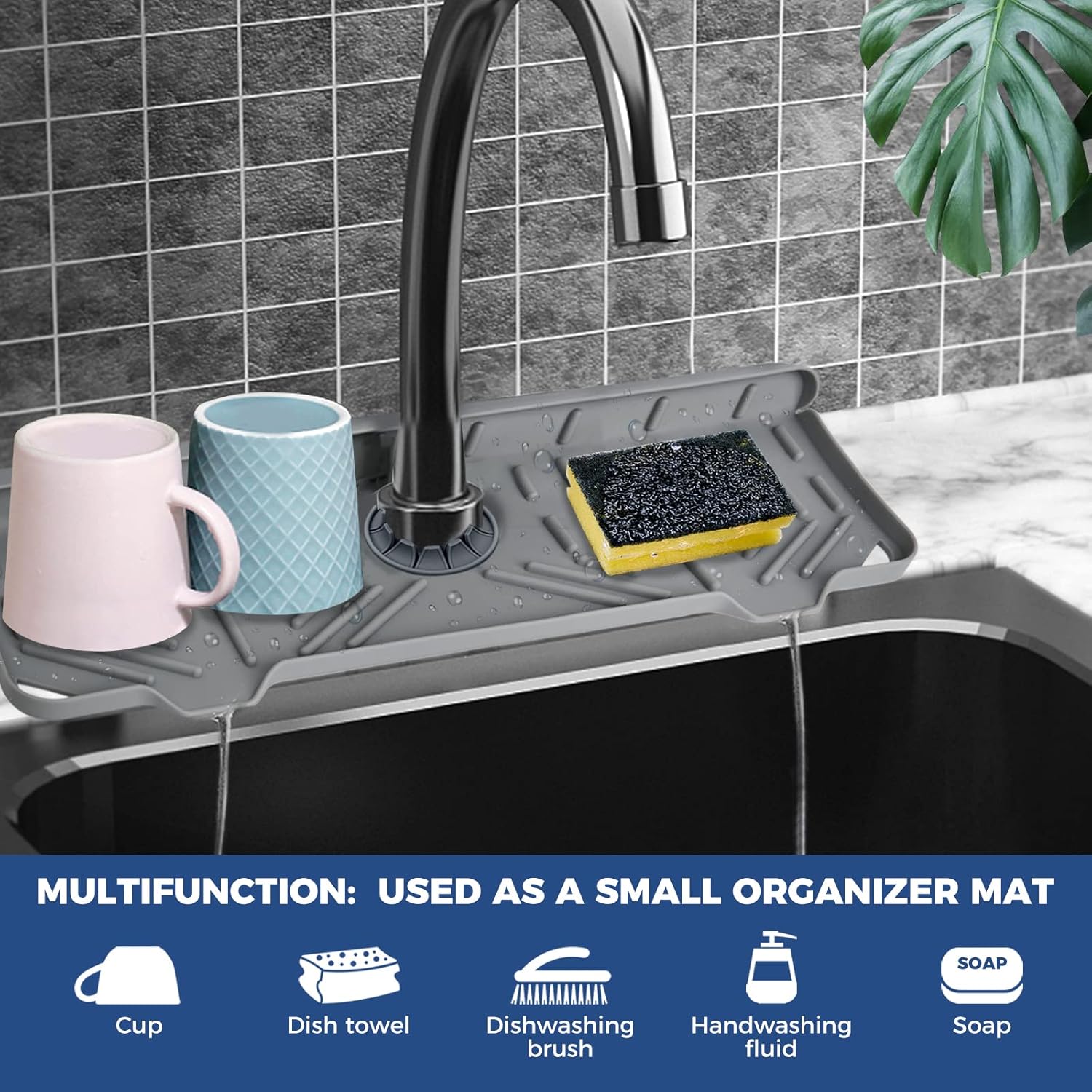BFONS Silicone Faucet Handle Drip Catcher Drying Tray Mat Dish Soap Sponge Holder Accessories Gadgets for Kitchen Counter Bathroom Kitchen Sink Splash Guard -Grey