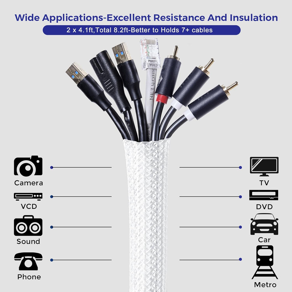 Cable Management Sleeves 1in - 2 Pack 4.1ft Split Braided Cable Sleeve White, Hard PE Cord Protectors from Pets, Wire Organizers for Cords, Flexible Cord Wrap Wire Sleeve for Computer Cord Organizer