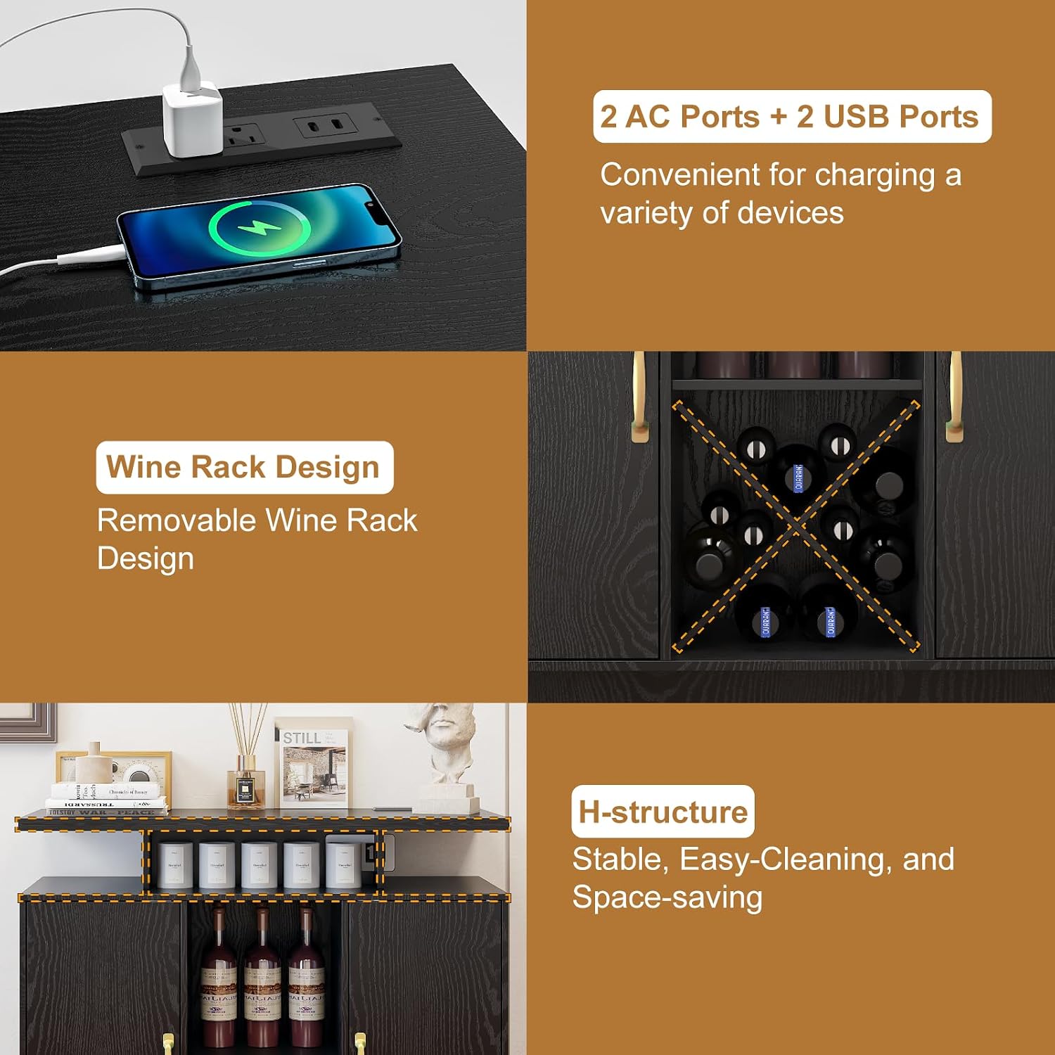 Wine Bar Cabinet with Power Outlet and LED Light, Coffee Bar Cabinet with Wine Rack, Storage Shelves and Cabinets, Large Space Liquor Cabinets for Kitchen Dining Room Living Room, Black