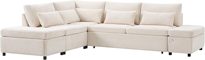 Ball & Cast Modular Convertible L-Shaped Sectional Sleeper Sofa Bed Pull Out Couch with Moveable Storage Ottoman,Oversized Chenille Pull-Out Sofa Bed W/Reclining Armrest&USB Port,for Living Room,Beige