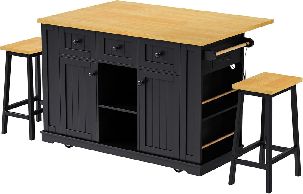 53" Kitchen Island with 2 Bar Stools, Large Rolling Kitchen Island on 5 ...