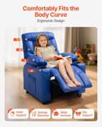 VEVOR Kids Reclining Chair, Toddler Recliner with 2 Cup Holders and 4 Pockets, 107° to 126° Adjustable Back, Easy-to-Clean PU Leather Recliner Couch with Footrest, for Boys, Girls & Children (Blue)