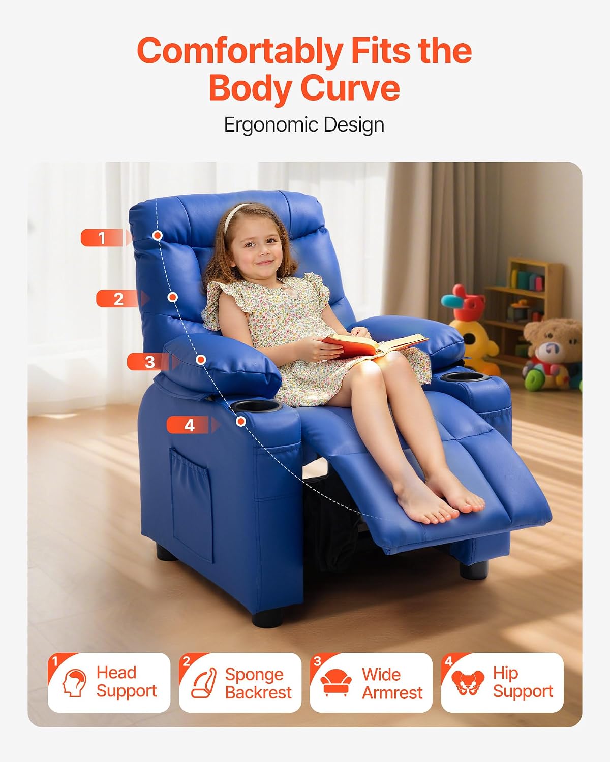 VEVOR Kids Reclining Chair, Toddler Recliner with 2 Cup Holders and 4 Pockets, 107° to 126° Adjustable Back, Easy-to-Clean PU Leather Recliner Couch with Footrest, for Boys, Girls & Children (Blue)