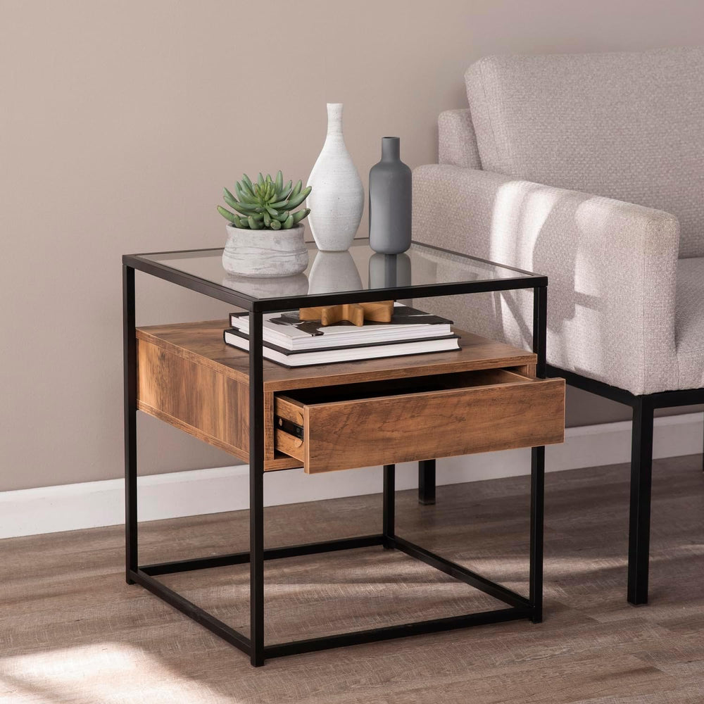 HomeStock Glass Top End Table with Drawer & Shelf - Industrial Accent Tab...